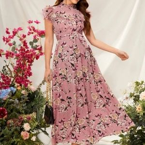 Pink Floral Midi/Floor Length Dress with Flutter Sleeve Detail and Tie Belt